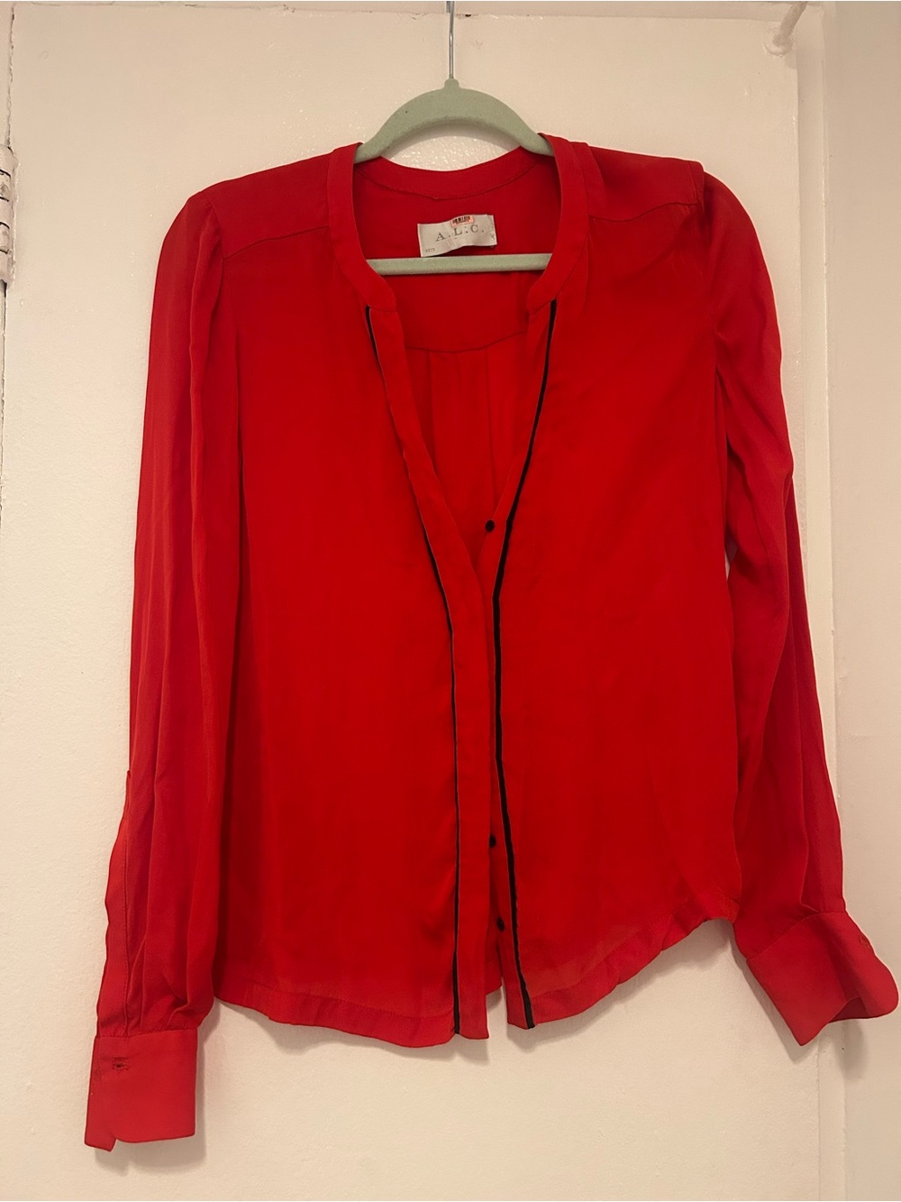 A.L.C. Red Long-Sleeve Blouse with Black Trim